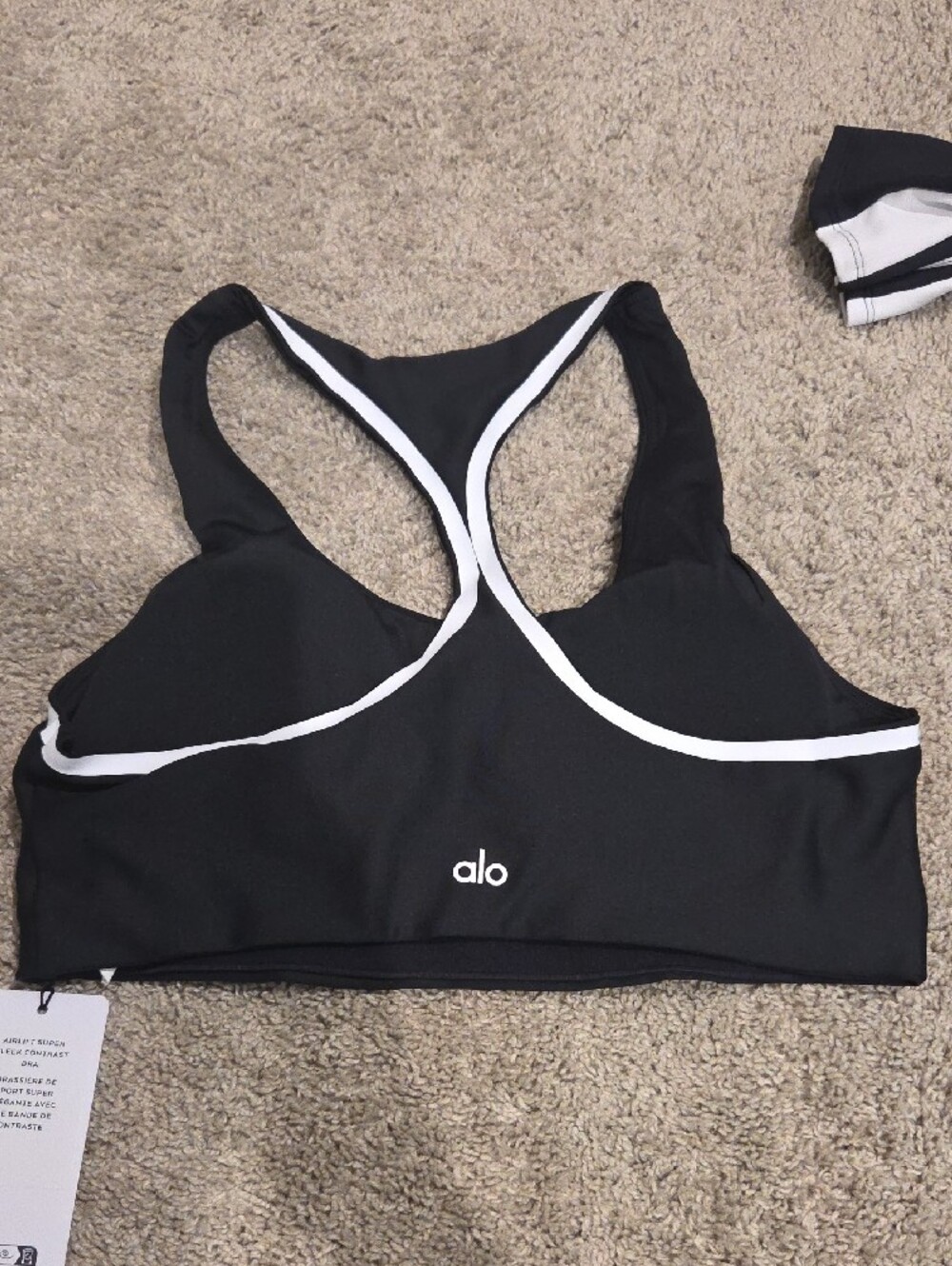 ALO Yoga Black Racerback Sports Bra with White Accents - Picture 3 of 3